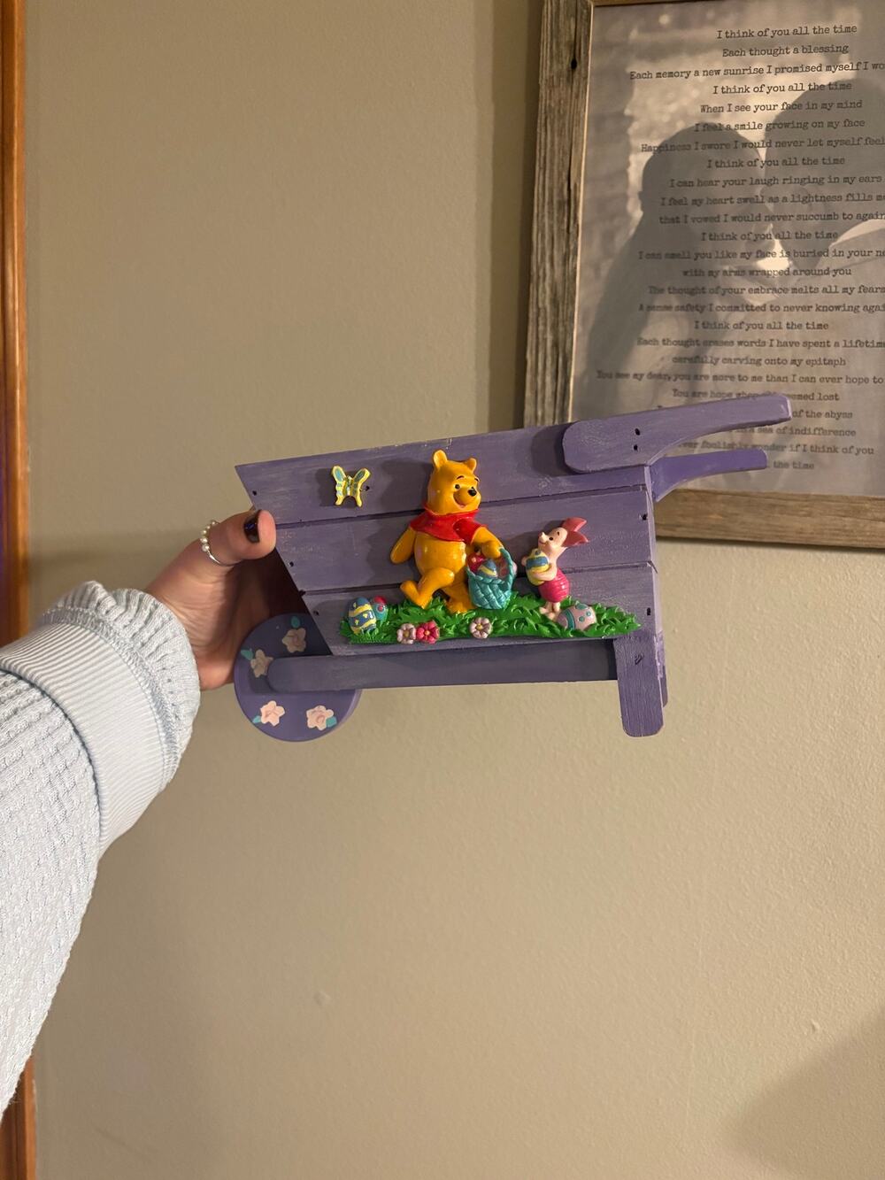 Vintage FTD Winnie The Pooh Easter Basket Wheelbarrow Planter Purple Wood Piglet